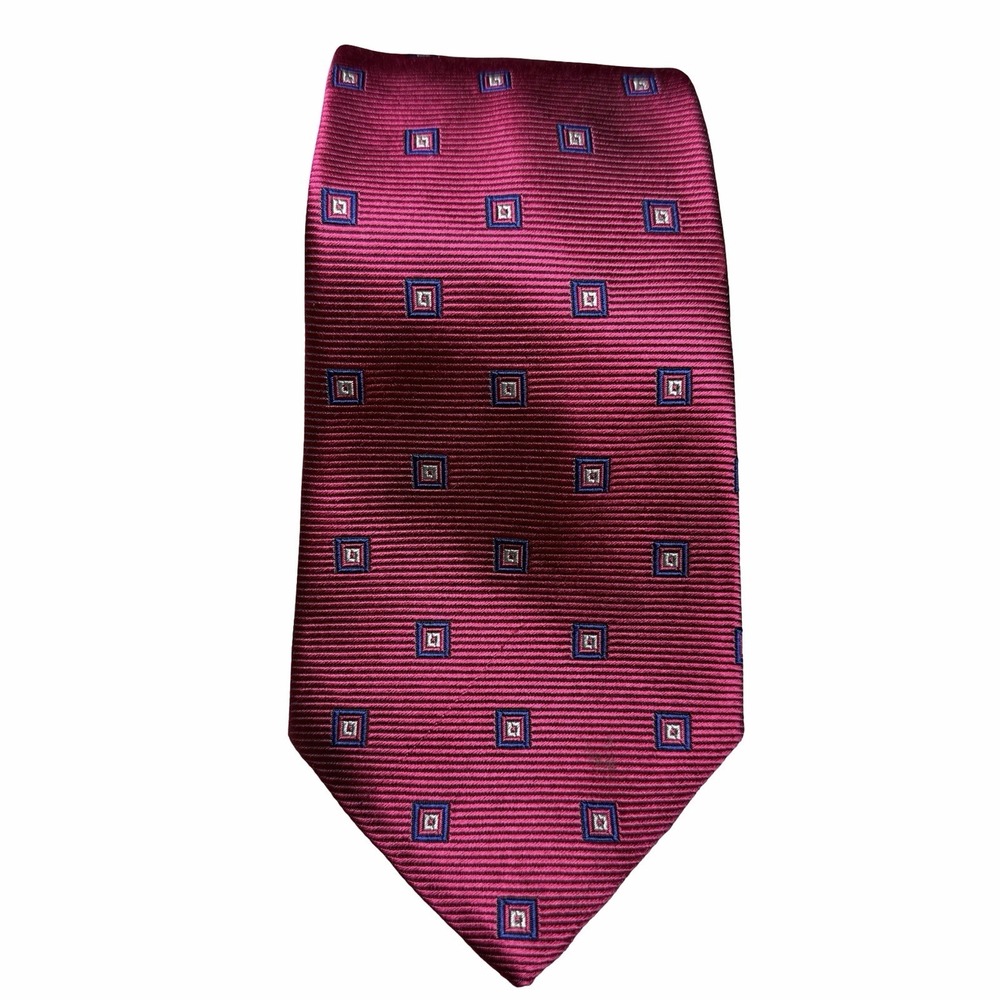 Brooks Basics Mens 100% Silk Tie Magenta Pink Navy Geometric Square Made USA